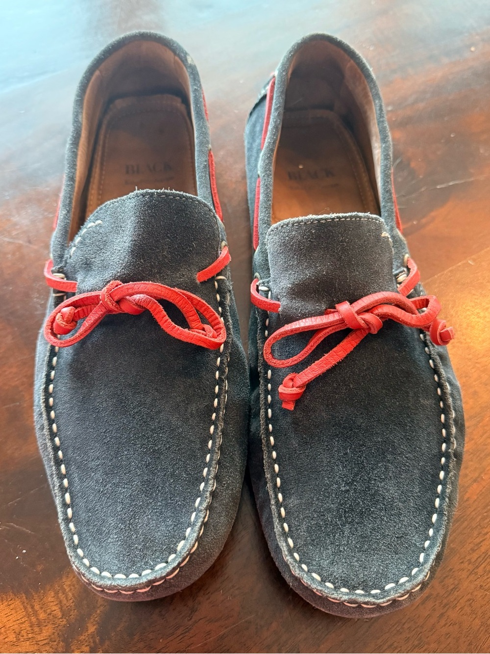 Black Saks Fifth Avenue Navy Suede Loafers with Red Laces